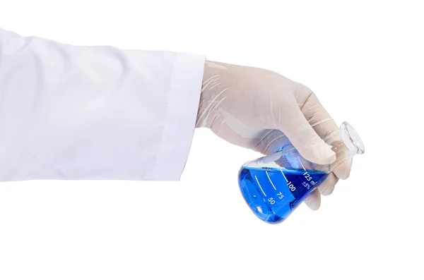 Cientista mão segurando tubo de ensaio isolado no fundo branco — Fotografia de Stock