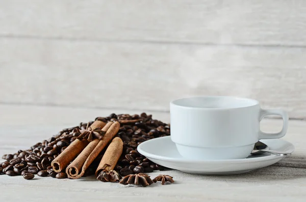 White coffee cup on wooden table