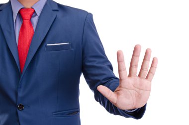 iş adamı el sanal ekran dokunaklı. Beyaz izole