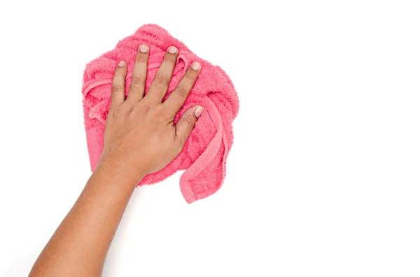 Man hand and red rag cleaning on white — Stock Photo, Image