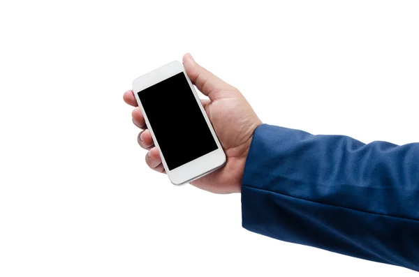 Empresário mão segurando telefone isolado no fundo branco — Fotografia de Stock