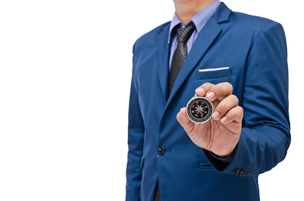 Business man holding compass in hand isolated on white background — Stock Photo, Image