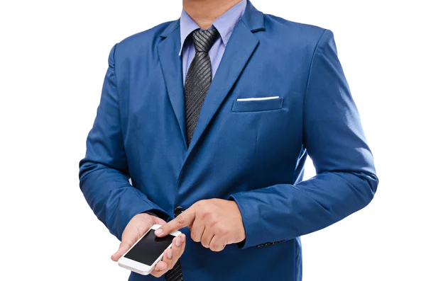 Business man holding smart phone isolated on white background — Stock Photo, Image