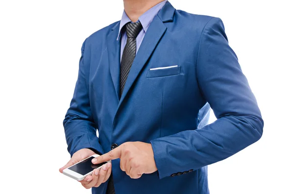Business man holding smart phone isolated on white background — Stock Photo, Image