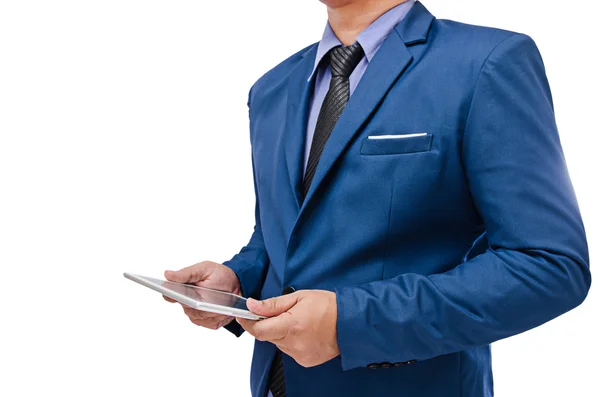Business man holding tablet in hand isolated on white background — Stock Photo, Image