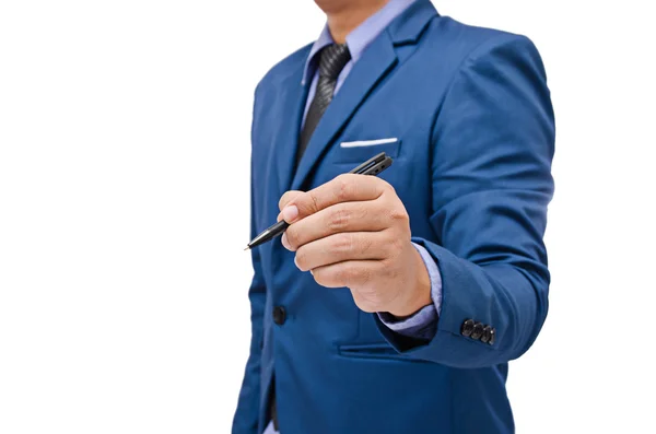 Hombre de negocios utilizar la escritura de la pluma en la pantalla virtual aislado en fondo blanco —  Fotos de Stock