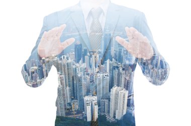 iş adamı modern bina arka plan ile çift pozlama