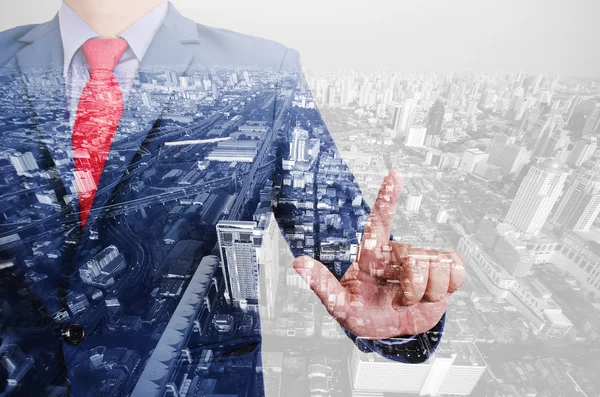 Double exposure of business man with modern building background — Stock Photo, Image