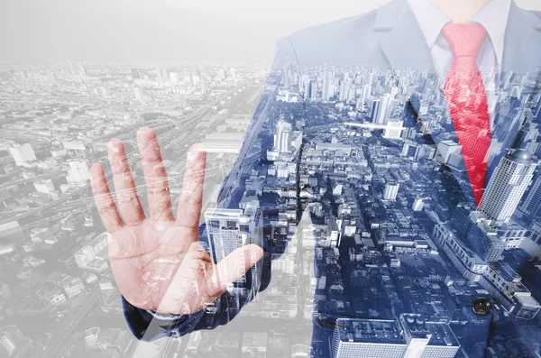 Double exposure of business man with modern building background — Stock Photo, Image