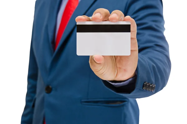 Biznes człowiek posiadający karty w ręku na białym tle na białym tle — Zdjęcie stockowe
