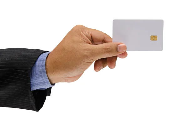 Biznes człowiek ręka trzyma karty inteligentnej na białym tle na biały deseń — Zdjęcie stockowe