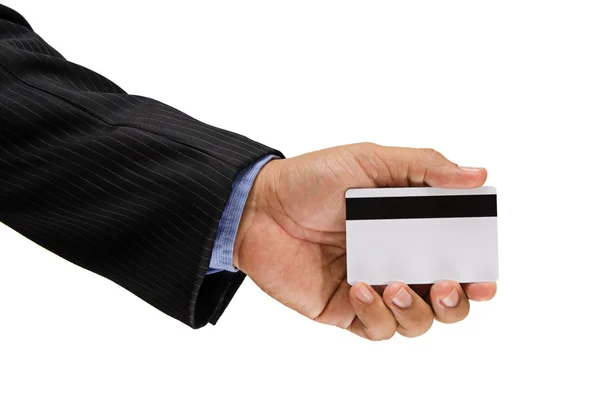 Business man hand holding smart card isolated on white backgroun — Stock Photo, Image