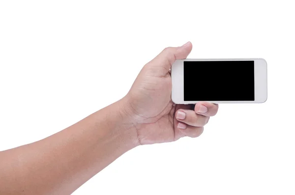 Mão homem segurando o tablet telefone isolado no fundo branco — Fotografia de Stock