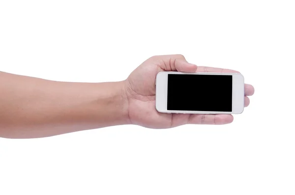 Mężczyzna dłoni trzymając tablet telefon na białym tle — Zdjęcie stockowe