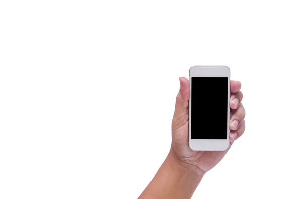 Mão homem segurando o tablet telefone isolado no fundo branco — Fotografia de Stock