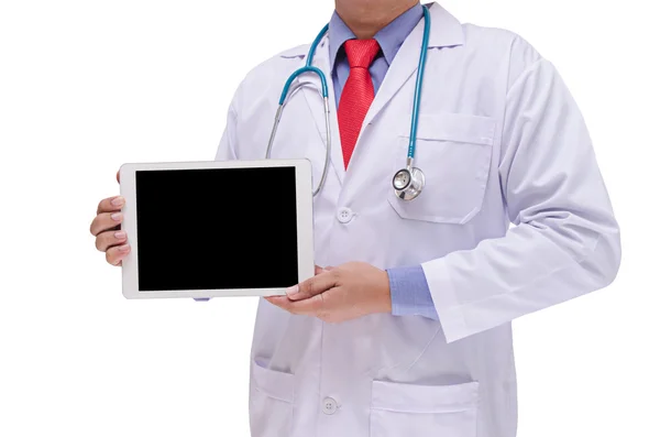 Doctor holding tablet in hand isolated on white background — Stock Photo, Image