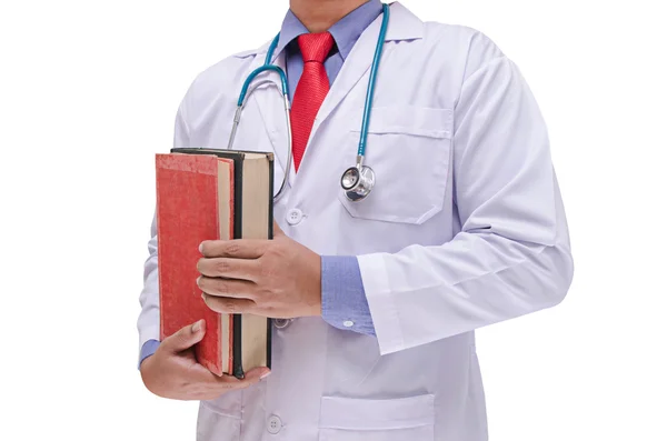 Läkare och bok i hand isolerad på vit bakgrund — Stockfoto