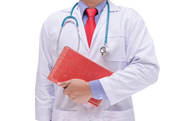 Läkare och bok i hand isolerad på vit bakgrund — Stockfoto
