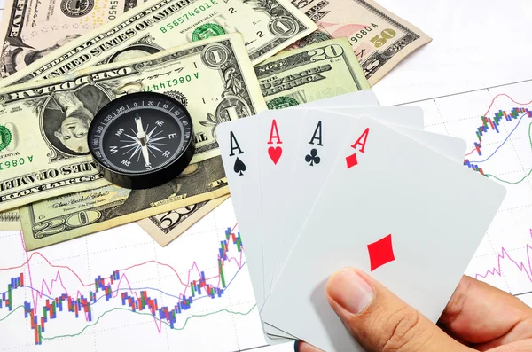 Hand and four aces , playing cards — Stock Photo, Image