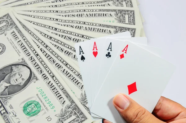 Hand and four aces , playing cards — Stock Photo, Image