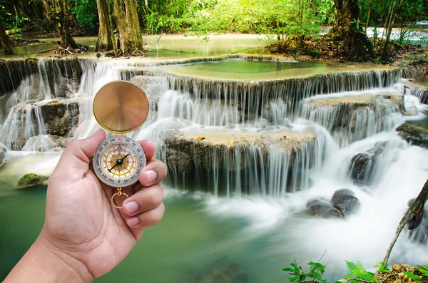 Man hand and compass with beautiful deep forest waterfall backgr — Stock Photo, Image