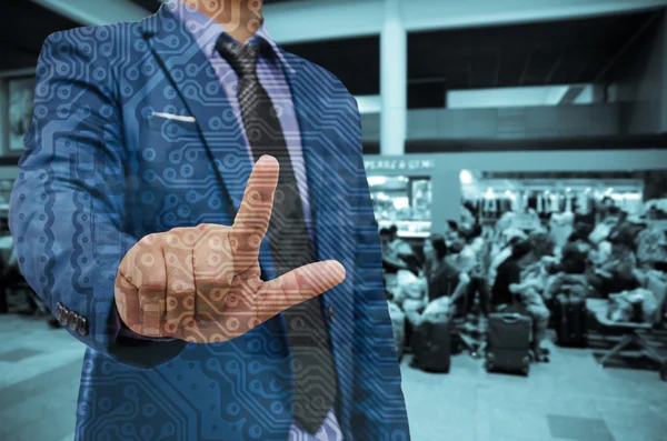Business man hand touching virtual screen on blur background — Stock Photo, Image