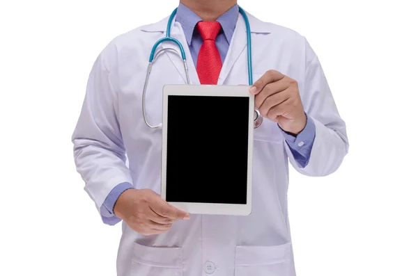Läkaren håller tablet i hand isolerade på vit bakgrund — Stockfoto