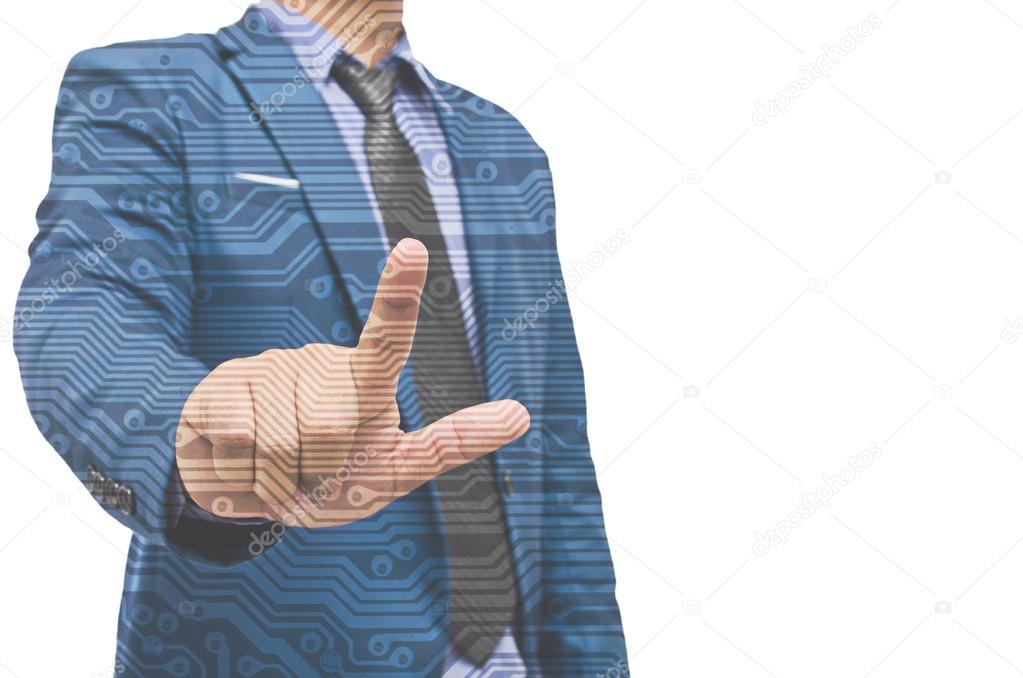 business man hand touching virtual screen isolated on white back