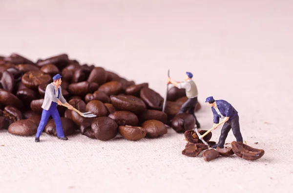 Miniature people working on coffee blend process — Stock Photo, Image