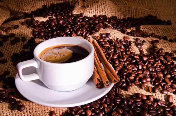 Beyaz kahve fincanı ve kahve çekirdekleri çevresinde — Stok fotoğraf