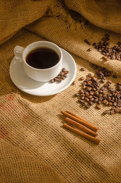 Koffiekopje en koffie bonen rond — Stockfoto
