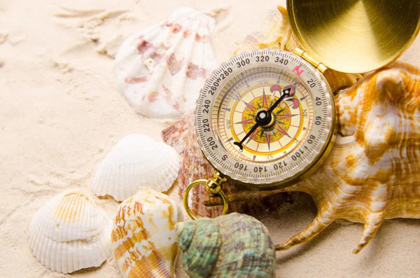 Bússola e conchas marinhas na areia — Fotografia de Stock