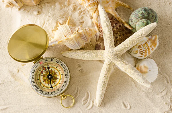 Bússola e conchas marinhas na areia — Fotografia de Stock