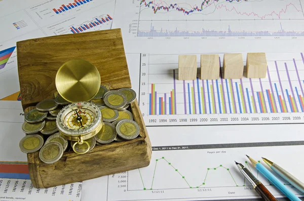 Baú do tesouro e bússola no gráfico, conceito de análise de negócios — Fotografia de Stock