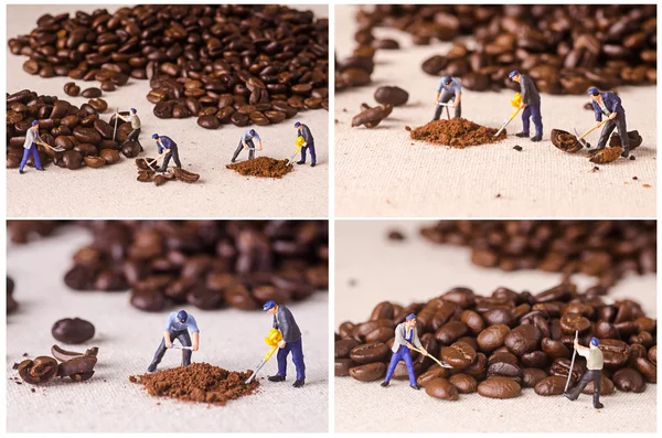 Collection of Miniature people working on coffee blend process — Stock Photo, Image