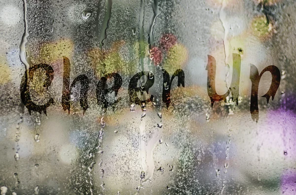 Natural water drops on glass window with the text "Cheer Up" — Stock Photo, Image