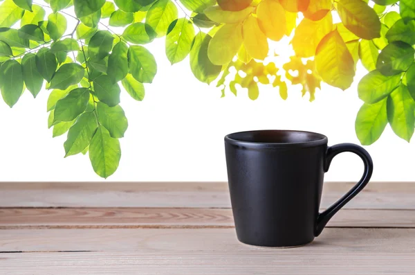 Xícara de café preto no fundo folhas verdes — Fotografia de Stock