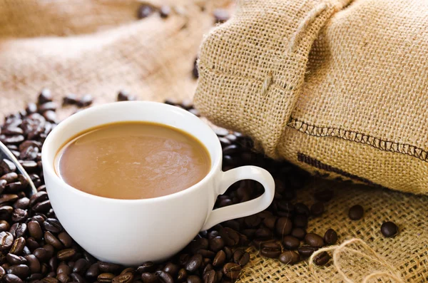 Чашка кави з кавовими зернами навколо — стокове фото