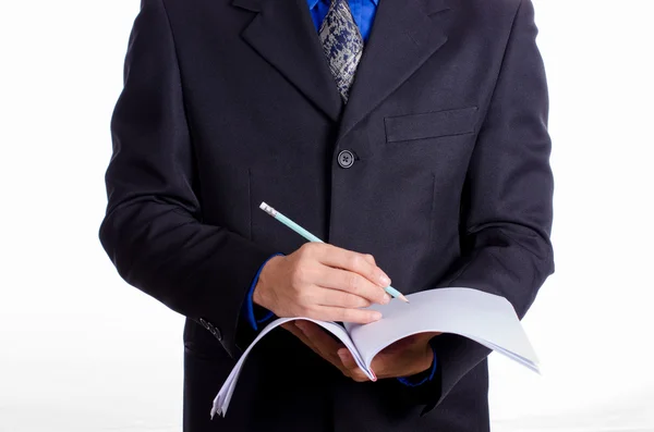 Hombre de negocios uso lápiz escribir algo para anotar libro —  Fotos de Stock