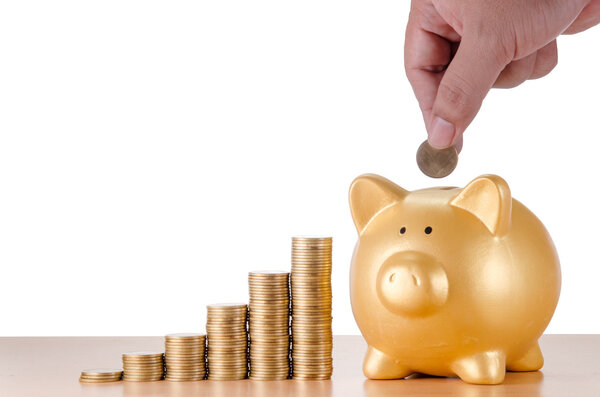 man hand with gold coins plan to saving money with gold piggy ba