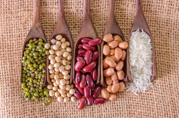 Many type of beans set in wooden spoon — Stock Photo, Image