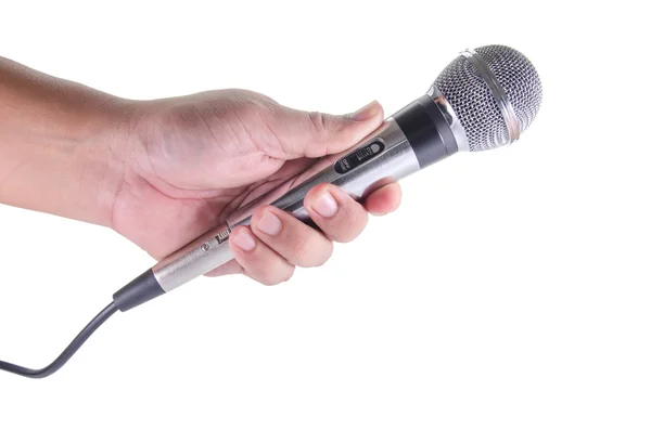 Man hand met microfoon geïsoleerd op witte achtergrond — Stockfoto