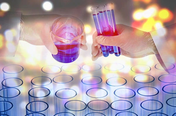 Double exposure of scientist hand holding laboratory test tube — Stock Photo, Image