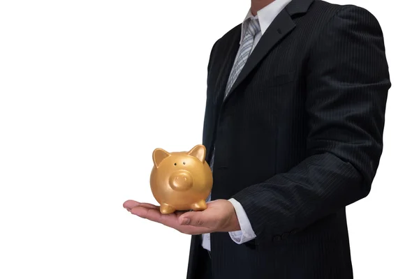 Business man in black suite with gold piggy bank isolated on whi — Stock Photo, Image