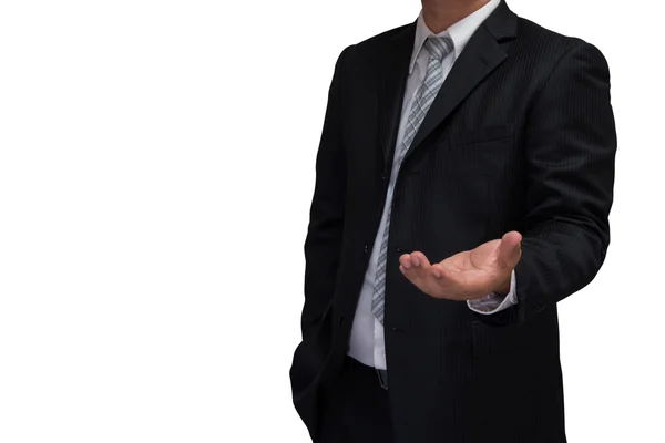 Business man with welcome hand in black suite isolated on white — Stock Photo, Image