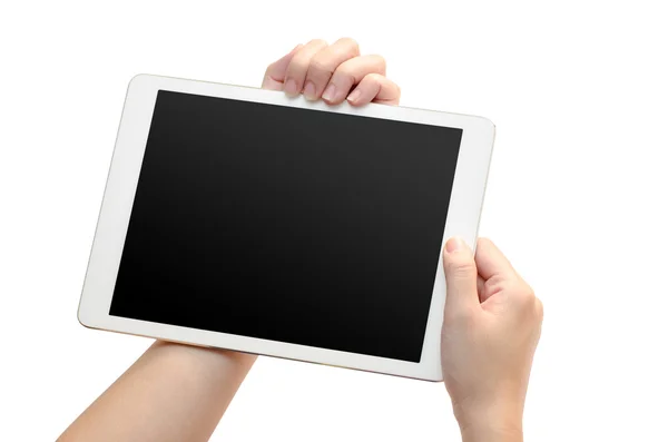 Mão mulher segurando o tablet telefone isolado no fundo branco — Fotografia de Stock