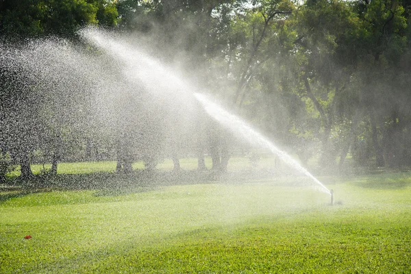 Irrigazione nel campo di erba verde — Foto Stock