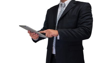 Holding iş adamı tablet üzerinde el izole beyaz arka plan
