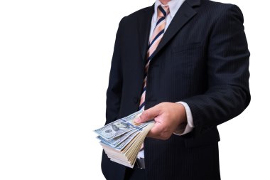 işadamı siyah Suite WHI üzerinde izole Doları para teklif