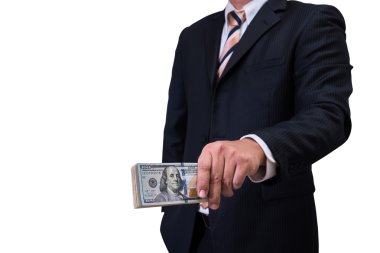işadamı siyah Suite WHI üzerinde izole Doları para teklif